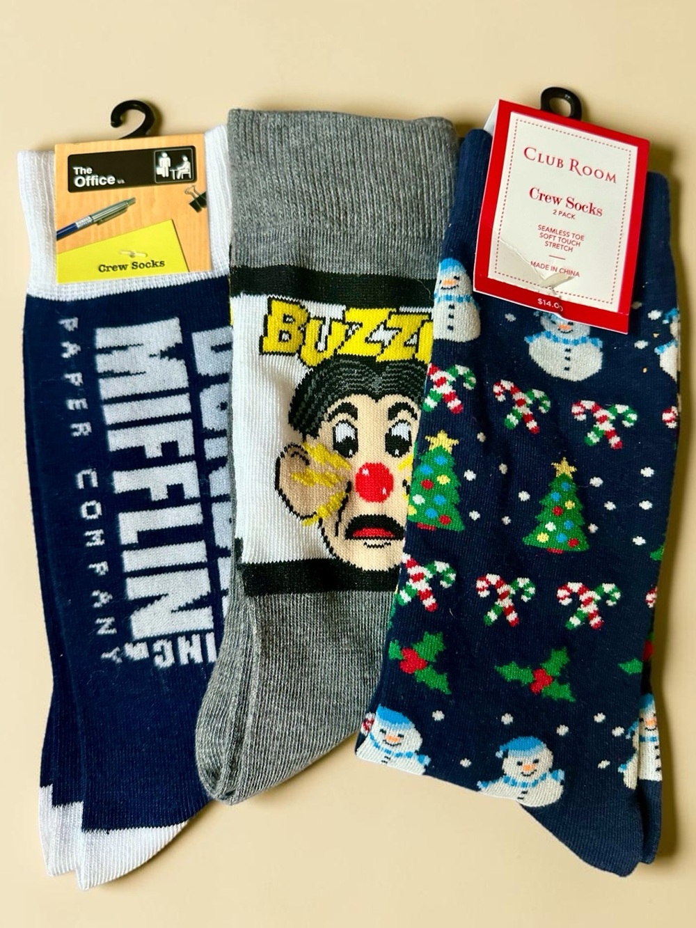 Club Room Three-Pack Novelty Crew Socks- fun, novelty, and holiday - Mens - New